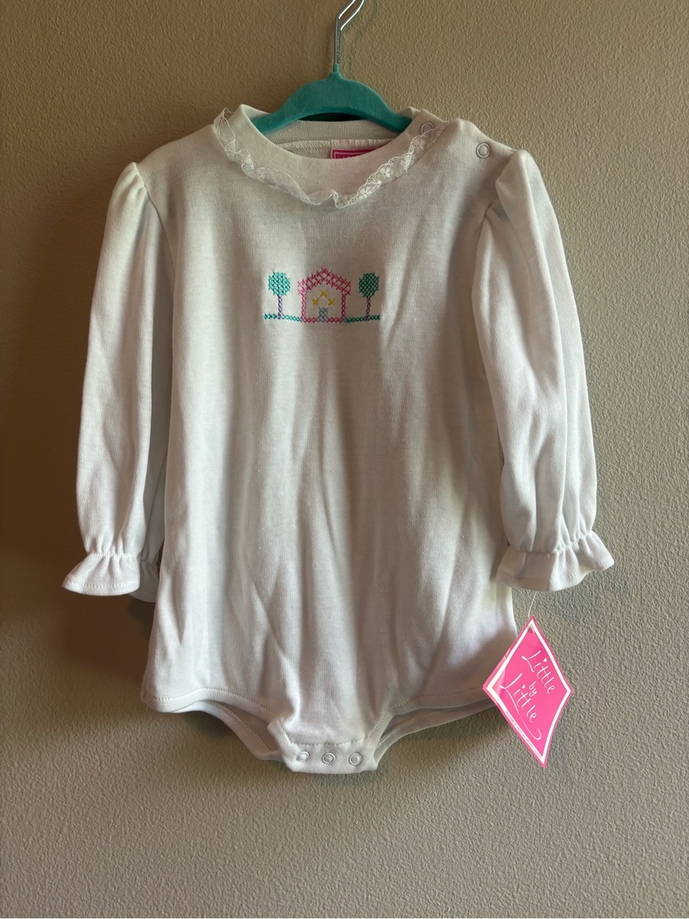 Vintage Deadstock Little by Little White Long-Sleeve Baby Bodysuit Cross-Stitch